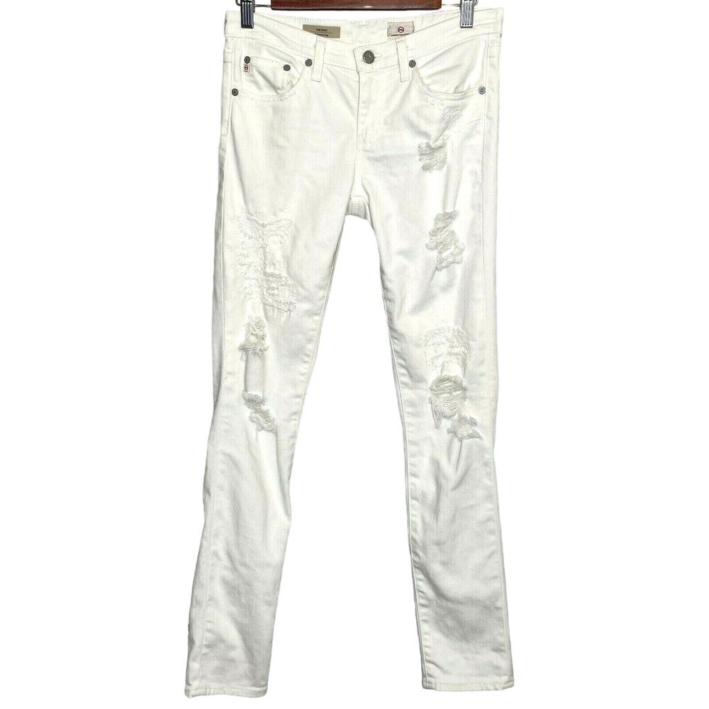 AG Women's Jeans Stilt 27R Cigarette Leg Distressed Destroyed White US= S / 4